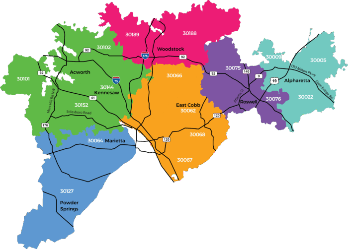 Coverage map of North Metro Atlanta markets across Cobb, Cherokee, and North Fulton counties